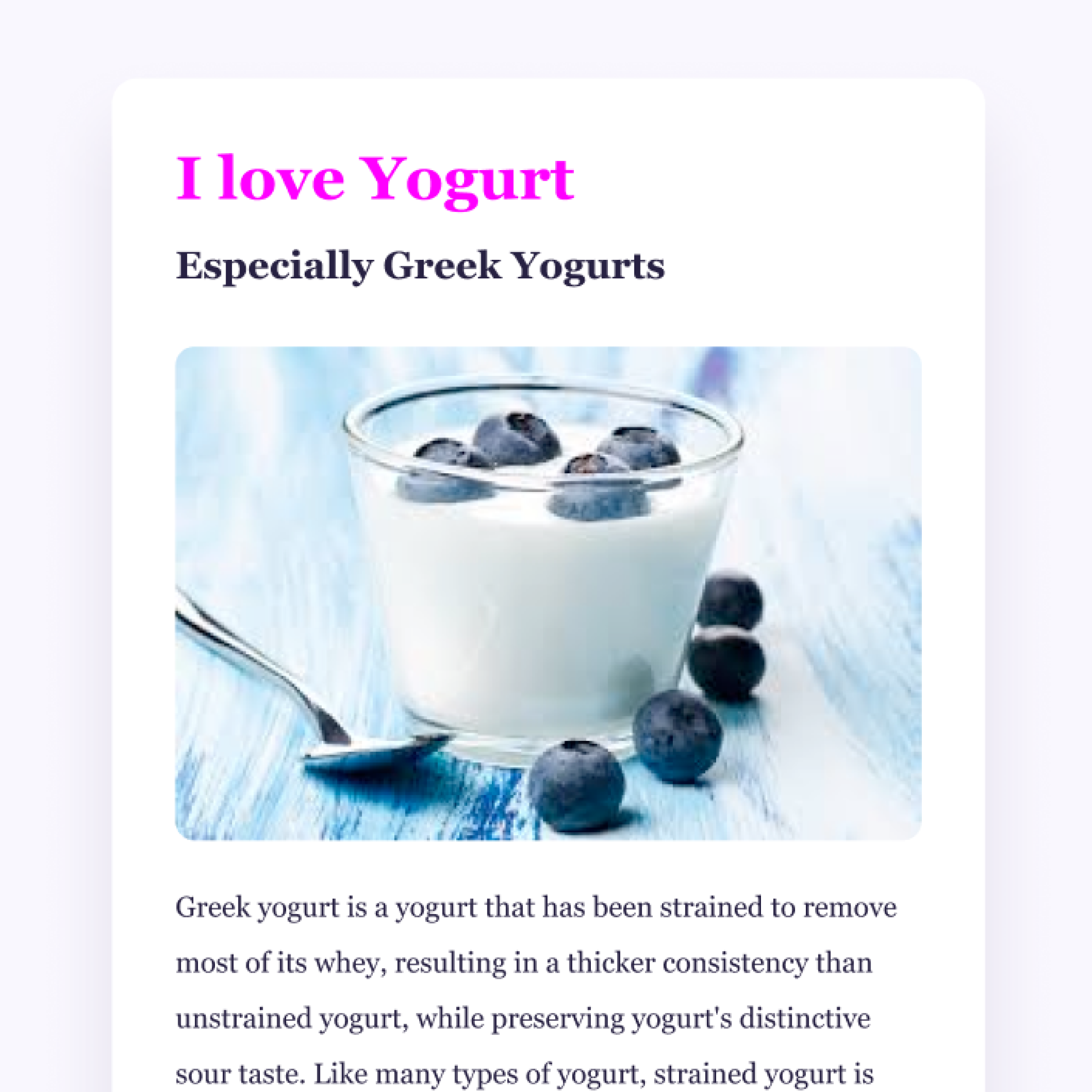 Screenshot of a Yoghurt App